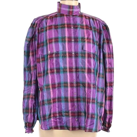 100% Silk Plaid High Neck Button Front Shirt 3X - Picture 1 of 8